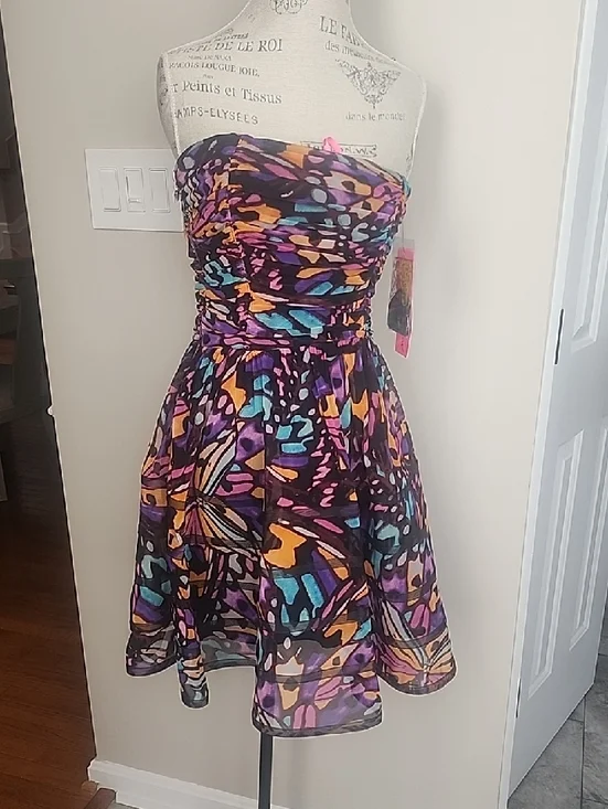 BETSEY JOHNSON NWT RUCHED BUSTIER FIT FLARE SHEER LINED PRINT DRESS SZ 10 - Picture 2 of 16